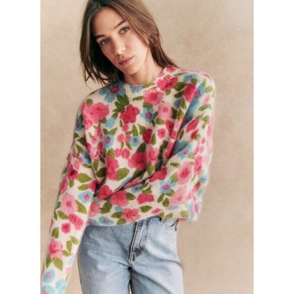 EUC Sezane Janelia Mohair Wool Floral Sweater Pink Turquoise Small - Picture 2 of 8